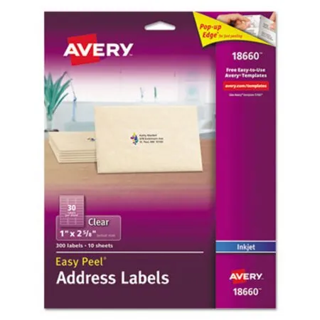 Avery - AVE-18660 - Matte Clear Easy Peel Mailing Labels W/ Sure Feed Technology, Inkjet Printers, 1 X 2.63, Clear, 30/sheet, 10 Sheets/pack