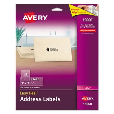 Avery - AVE-15660 - Matte Clear Easy Peel Mailing Labels W/ Sure Feed Technology, Laser Printers, 1 X 2.63, Clear, 30/sheet, 10 Sheets/pack