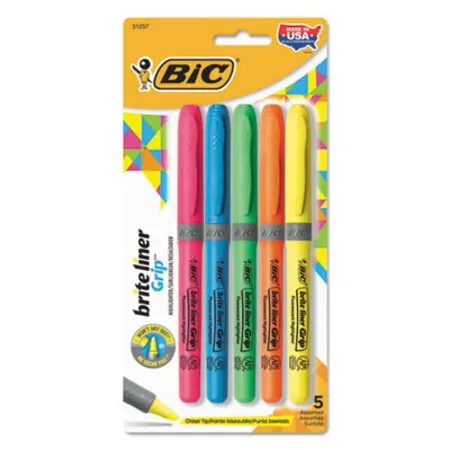 Bic - BIC-GBLP51ASST - Brite Liner Grip Pocket Highlighter, Assorted Ink Colors, Chisel Tip, Assorted Barrel Colors, 5/set