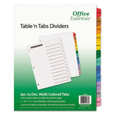 Office Essentials - AVE-11679 - Table n Tabs Dividers, 12-tab, Jan. To Dec., 11 X 8.5, White, Assorted Tabs, 1 Set