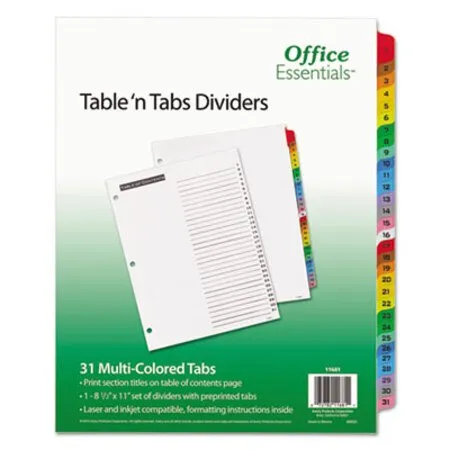 Office Essentials - AVE-11681 - Table n Tabs Dividers, 31-tab, 1 To 31, 11 X 8.5, White, Assorted Tabs, 1 Set