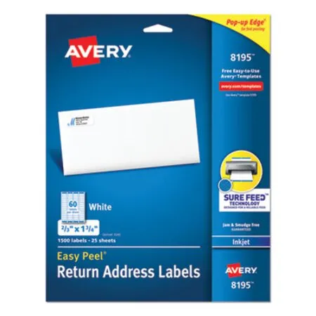 Avery - AVE-8195 - Easy Peel White Address Labels W/ Sure Feed Technology, Inkjet Printers, 0.66 X 1.75, White, 60/sheet, 25 Sheets/pack