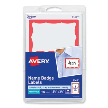 Avery - AVE-5143 - Printable Adhesive Name Badges, 3.38 X 2.33, Red Border, 100/pack