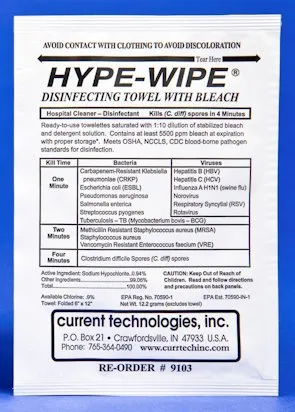 Current Technologies - HYPE-WIPE - 9103 - Hype-wipe Surface Disinfectant Premoistened Manual Pull Wipe 100 Count Individual Packet Bleach Scent Nonsterile