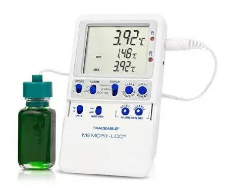 Cole Parmer Instrument - 94460-37 - Cole Parmer Inst. Traceable Memory Loc Refrigerator / Freezer Temperature Data Logger with Alarm Traceable Memory Loc Fahrenheit / Celsius  58° to +158°F ( 50° to +70°C) Glycol Bottle Probe Multiple Mounting Options Bat