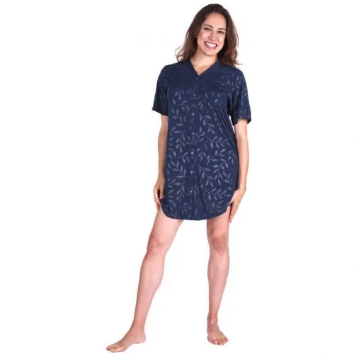 Cool-jams - From: T2115-NL To: T2115-VL - New Womens Moisture Wicking Snap Front Nightshirt, Navy Leaf