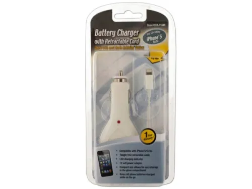 Kole Imports - EL827 - White Iphone Car Charger With Retractable Cord