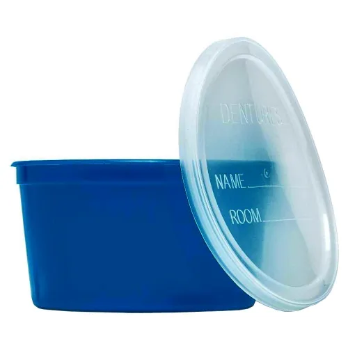 Medline - DYND70293 - Industries Denture Cup with Lid, 8 ounce size, 3" diameter  2" height, Aqua color, Latex free. Clear plastic lid imprinted for labeling with Contents, Name, Room and Date.